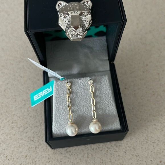 $1,860 New EFFY 14K Yellow Gold, 8MM Freshwater Pearl & Diamond Drop Earrings - Picture 1 of 14